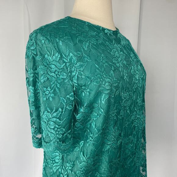 Vintage Top Size XL Teal Green Lace Short Sleeve Romantic Feminine Coquette 90s - Picture 4 of 10